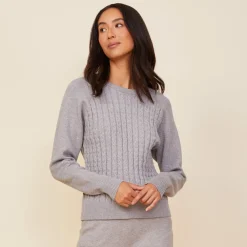 MONROW Soft Knit Cable Sweater HEATHERGREY Sale